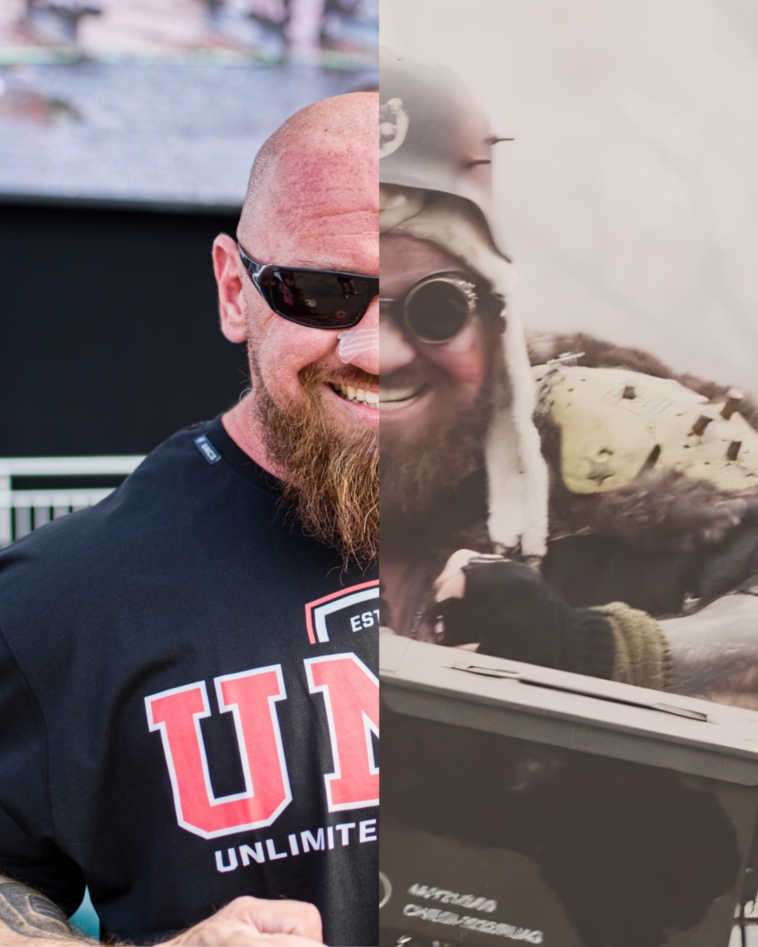 Rozdělená fotografie: strongman a postapokaliptický voják.